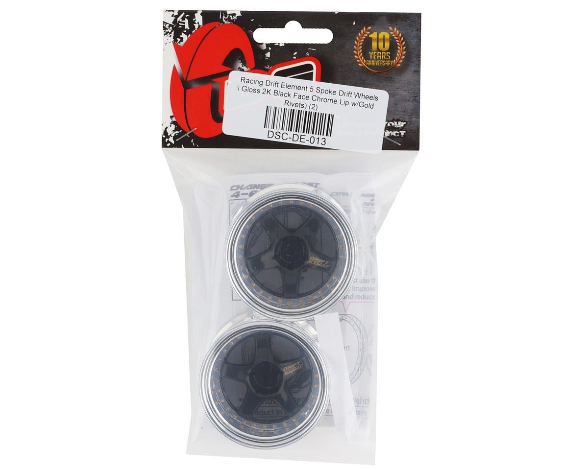 DS Racing Drift Element 5 Spoke Drift Wheels (Black & Chrome w/Gold Rivets) (2) w/12mm Hex
