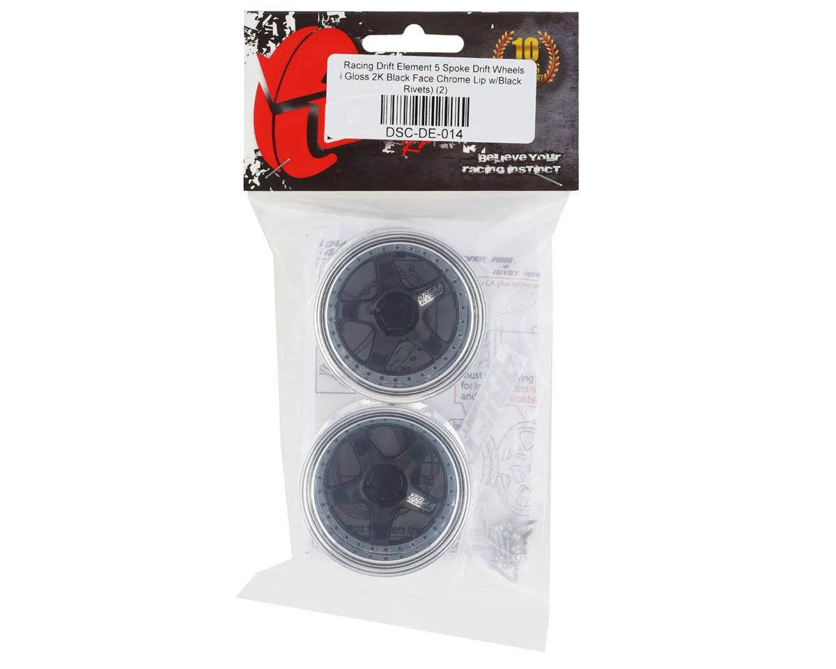 DS Racing MST Drift Element 5 Spoke Drift Wheels (Black & Chrome w/Black Rivets) (2) DSC-DE-014