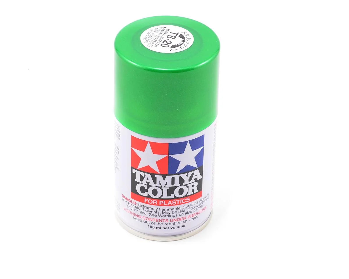 A can of Tamiya TS-20 Metallic Green Lacquer Spray Paint with a green cap on a white background.