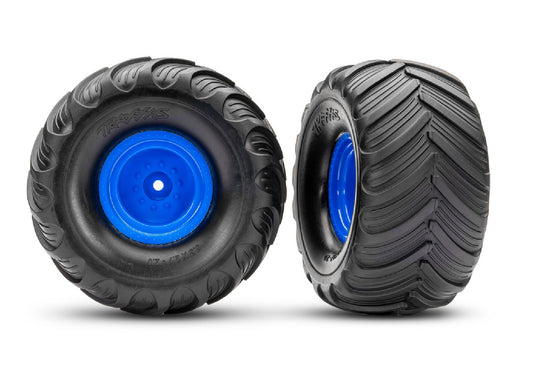 TRAXXAS Blue Monster Truck Wheels & Terra Groove Tires (2) 3665-BLUE
