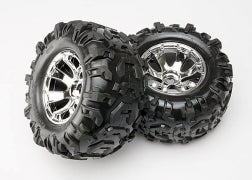 TRAXXAS SUMMIT 4WD 1/10, Tires & wheels, assembled, glued (Geode chrome wheels, Canyon AT tires, foam inserts) (2) (use with 17mm splined wheel hubs & nuts, part #5353X & beadlock-style sidewall protectors #5665, #5666, #5667) 5673
