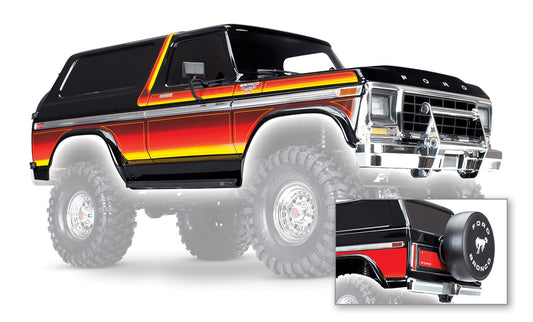 TRAXXAS Body, Ford Bronco, complete (black) (includes front and rear bumpers, push bar, rear body mount, grille, side mirrors, door handles, windshield wipers, spare tire mount, red and sunset decals) (requires #8072 inner fenders) 8010X