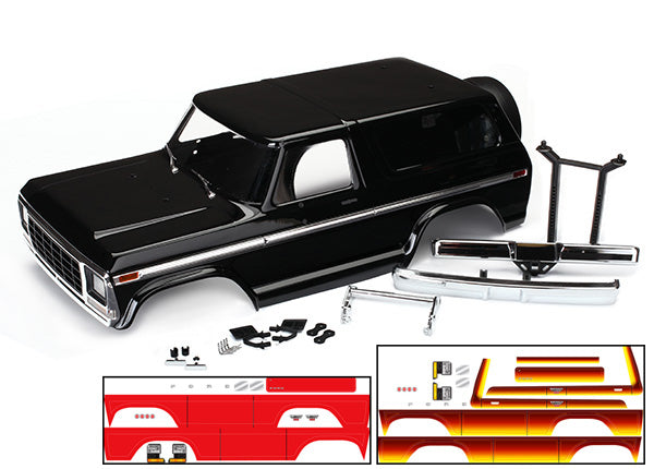 TRAXXAS Body, Ford Bronco, complete (black) (includes front and rear bumpers, push bar, rear body mount, grille, side mirrors, door handles, windshield wipers, spare tire mount, red and sunset decals) (requires #8072 inner fenders) 8010X
