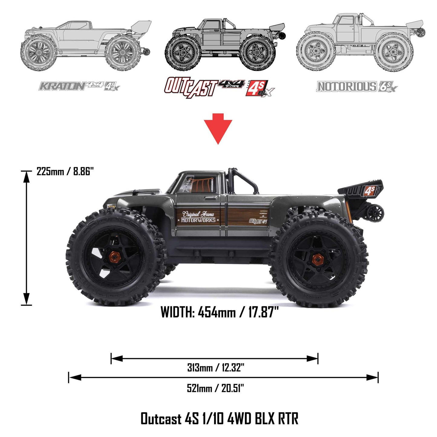 ARRMA OUTCAST 4X4 4S V2 BLX 1/10 Stunt Truck RTR, Gunmetal ARA4410V2T3