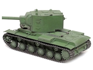 A 1/35 scale plastic model kit of the Russian Heavy Tank KV-2, primarily green in color with details depicting the tank's massive turret and howitzer.