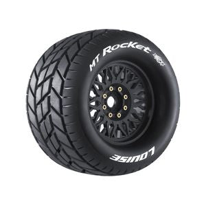 MFT MT-Rocket Sport 1/8 Monster Truck Tires, 17mm Hex, 0" & 1/2" Offset Mounted on Black Rims, (2) L-T3320X