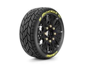 MFT B-Rocket Soft 1/8 Buggy Tires, 17mm Hex, 0" & 1/2" Offset, Mounted on Black Rims, (2) LOULT3362SB