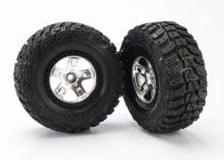 TRAXXAS Tire & wheel assy, glued (SCT satin chrome, black beadlock style wheels, Kumho tires, foam inserts) (2) (2WD front) 5881